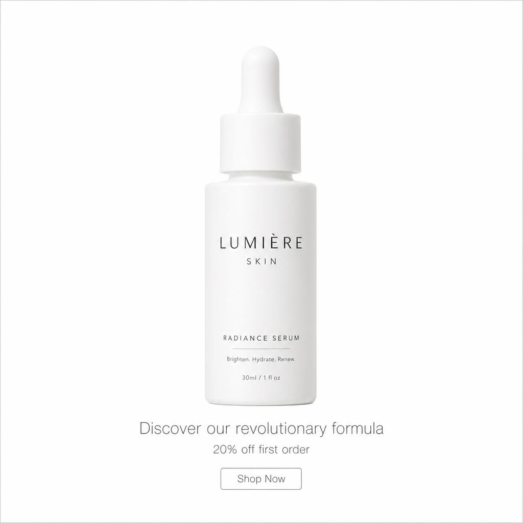 Original Meta ad creative: white serum bottle on a plain background with the headline "Discover our revolutionary formula", "20% off first order" and a Shop Now button